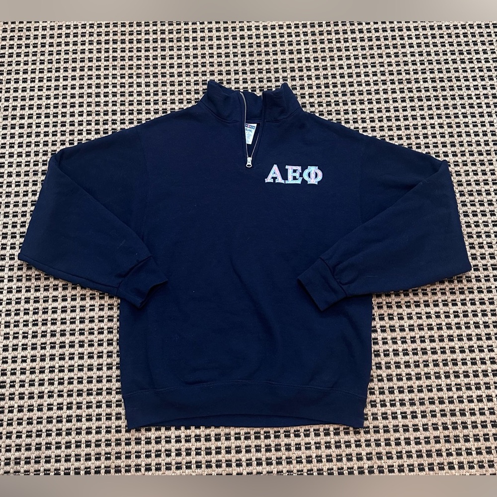 Navy Blue Embroidered Alpha Epsilon Phi Quarter-Zip Sweatshirt Medium